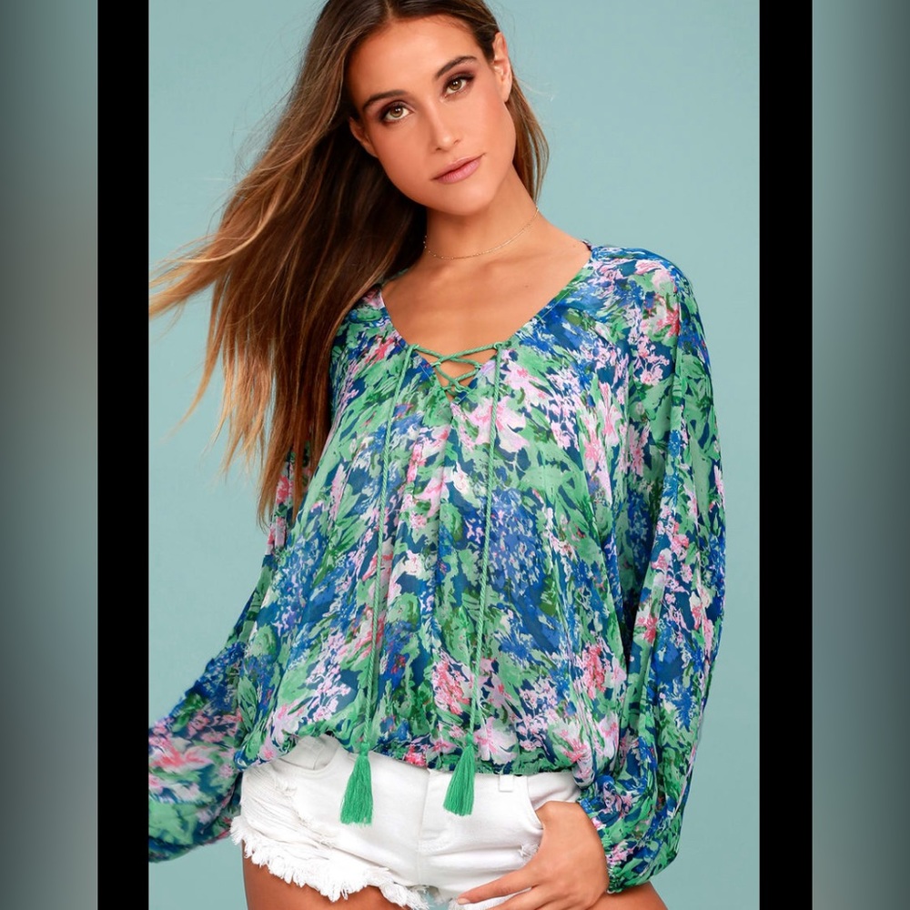 Lulus Sweetest Charm Blue Floral Print Long Sleeve Top NWT